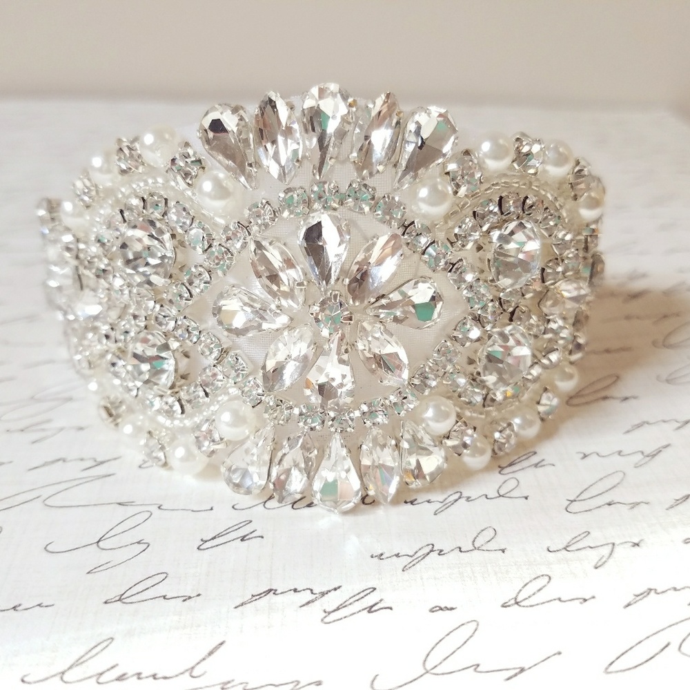 Crystal Pearl Bridal Cuff Bracelet