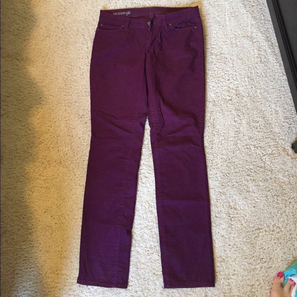 Straight leg, wine colored corduroy pants