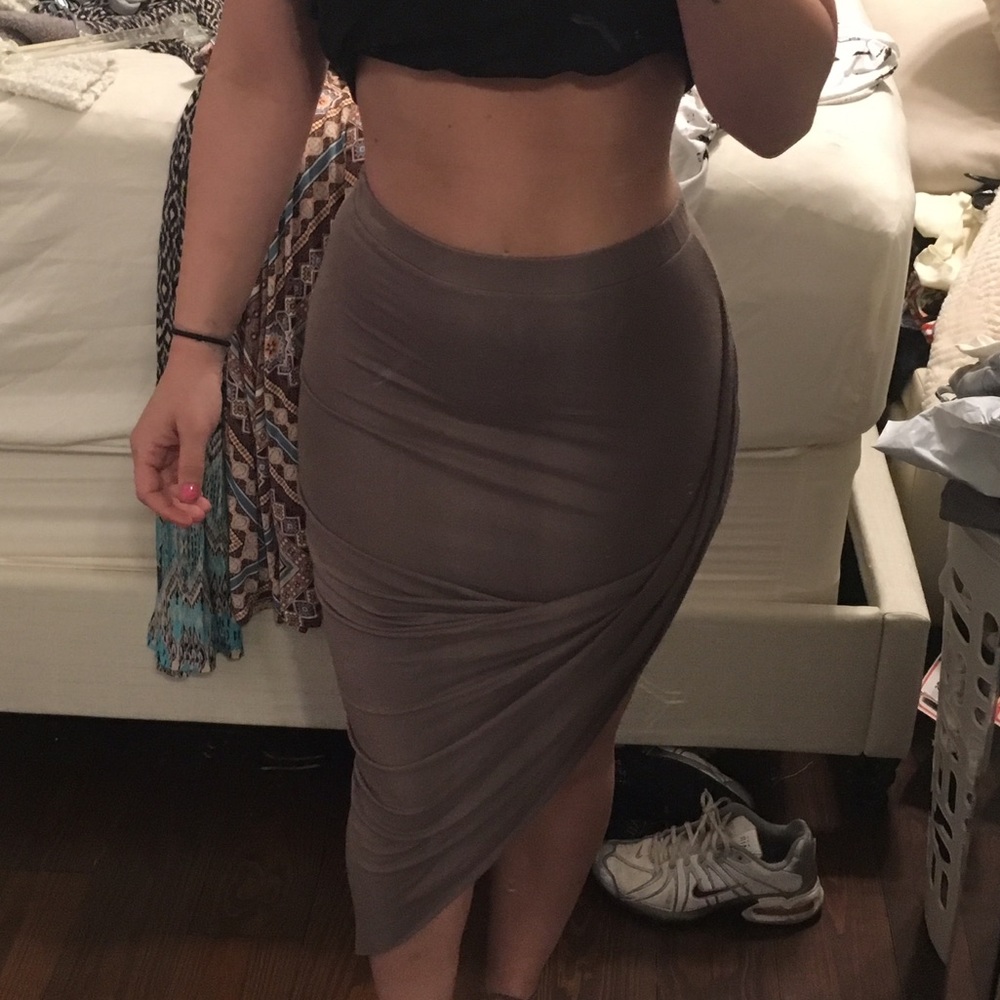 Asymmetrical tan colored maxi skirt