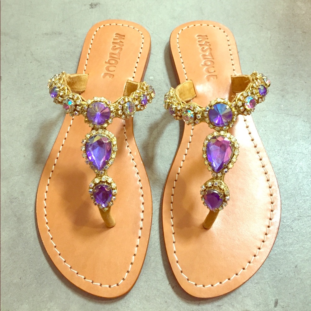 Purple jeweled leather sandals