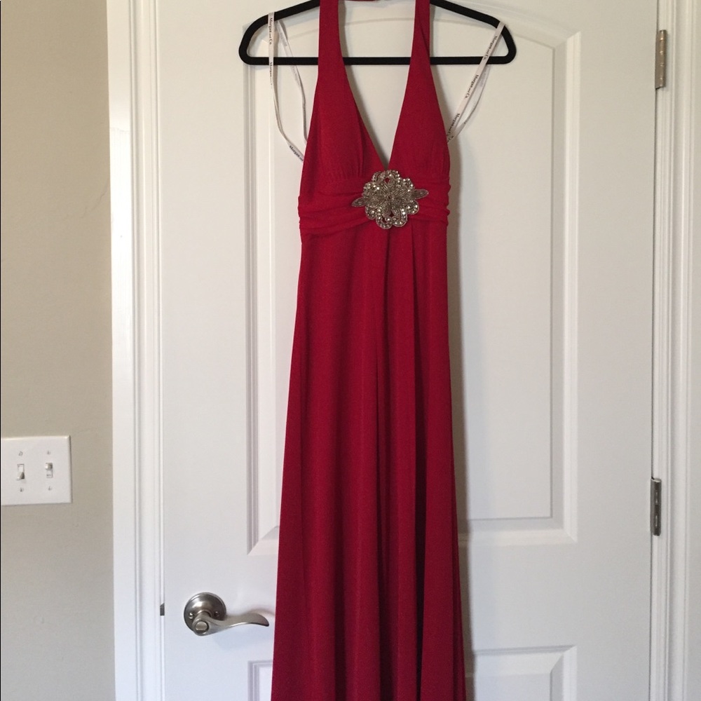 Floor Length Red Halter Evening Gown