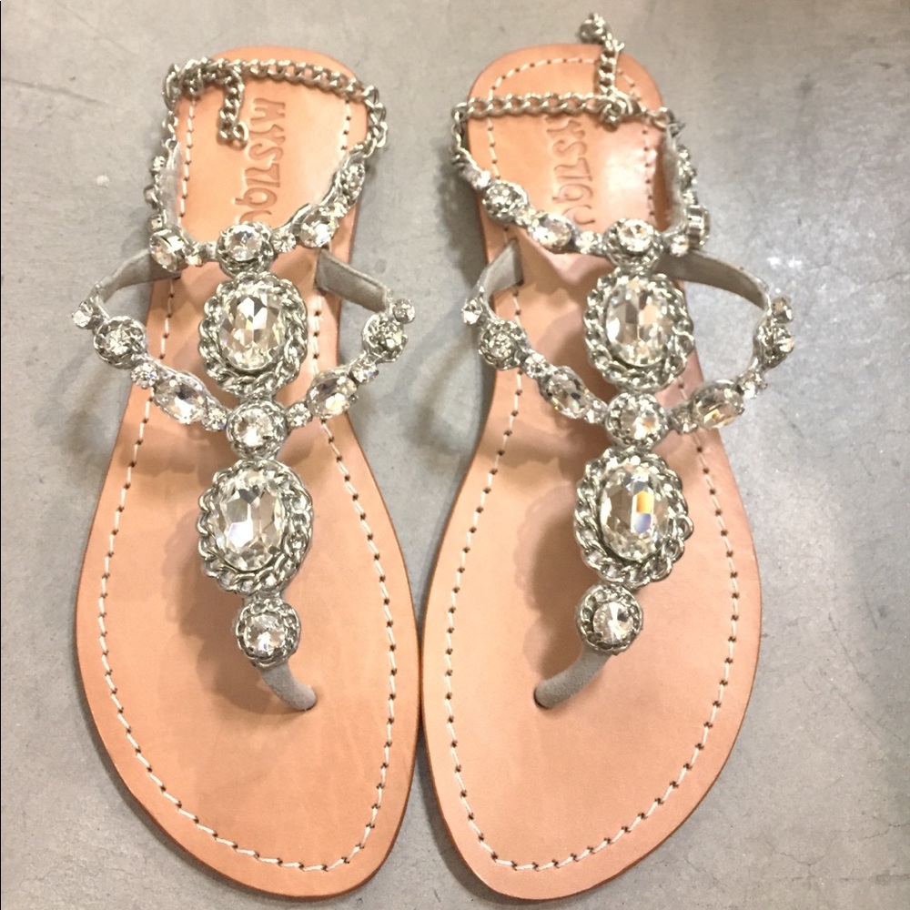 Silver jeweled ankle strap sandals