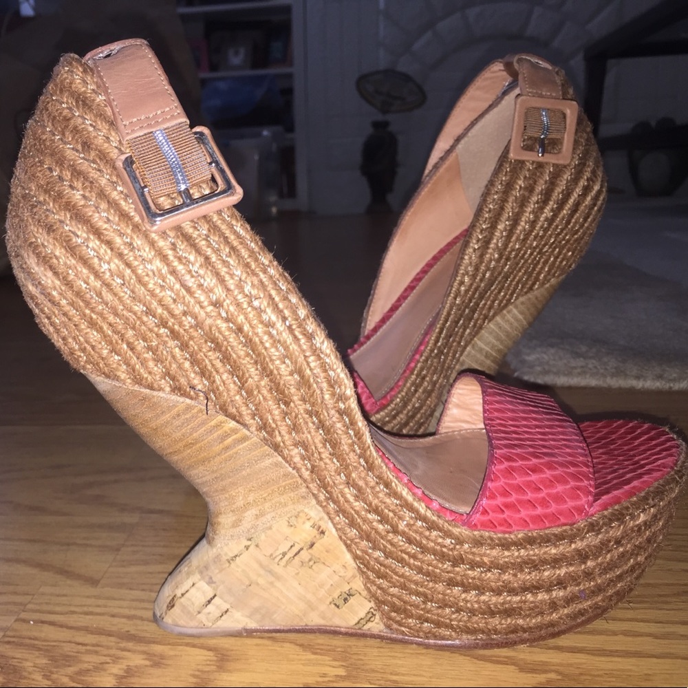 Leifsdottir Neiman Marcus pink snake cork HI wedge