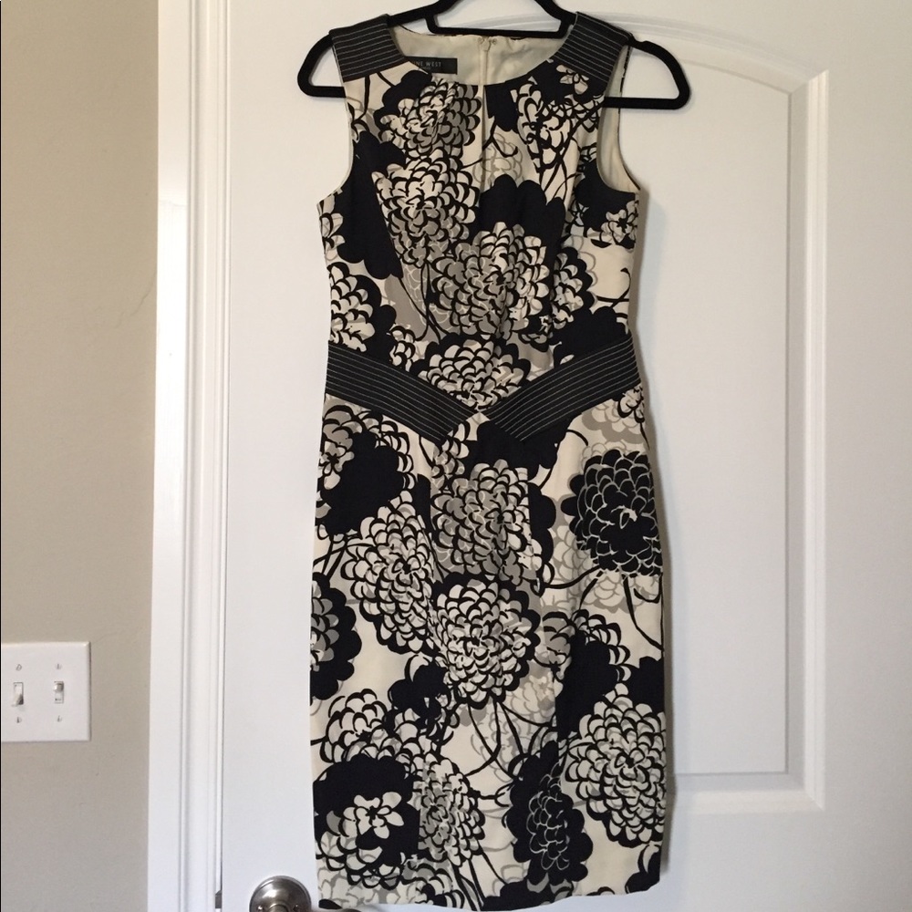 Cream, gray, and black floral print dress