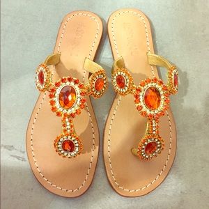Show stoppers! Orange jeweled thong sandals