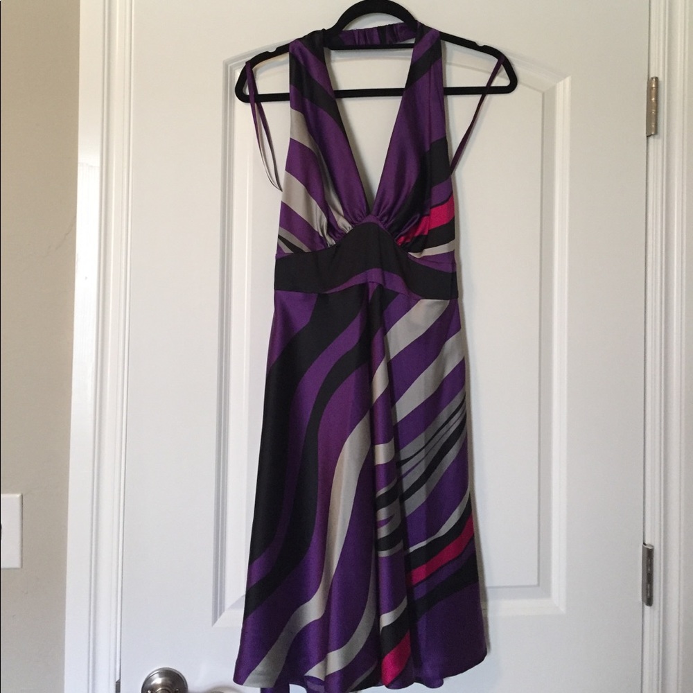 Purple halter cocktail dress with empire waist