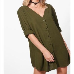 OLIVE GREEN V NECK OFF THE SHOULDER DRESS