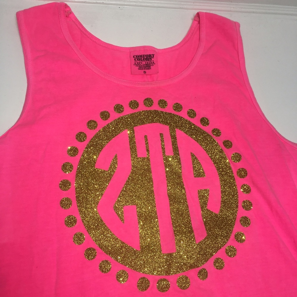 ZTA Zeta Tau Alpha Gold Sparkle Monogram Pink Tank