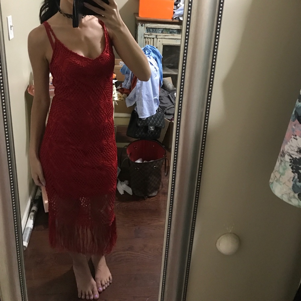 Red fringe dress XS