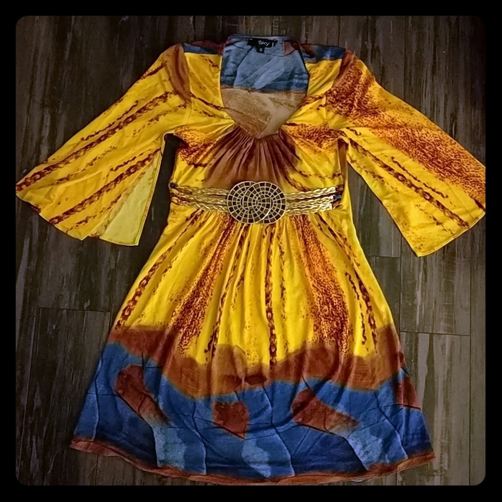 Sky brand yellow blue printed waist metal belt dre