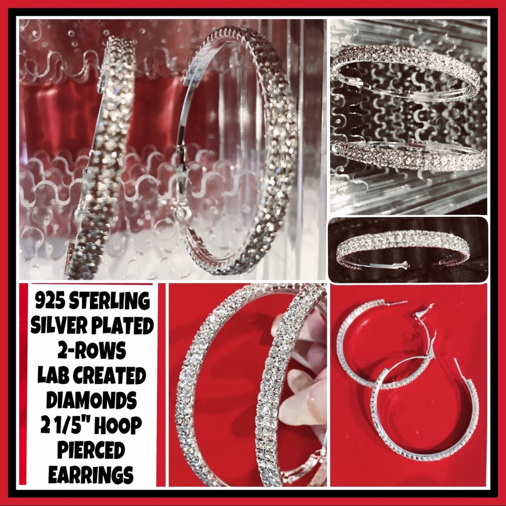 NWT! 2 ROW 2 1/5" LAB CREATED DIAMOND 925SSP HOOPS
