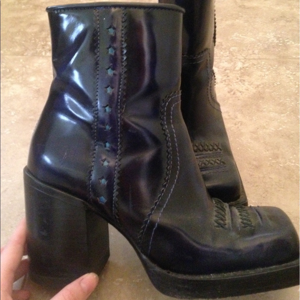 Navy Blue Patent John Fluevog Chunky Heel Boots 9