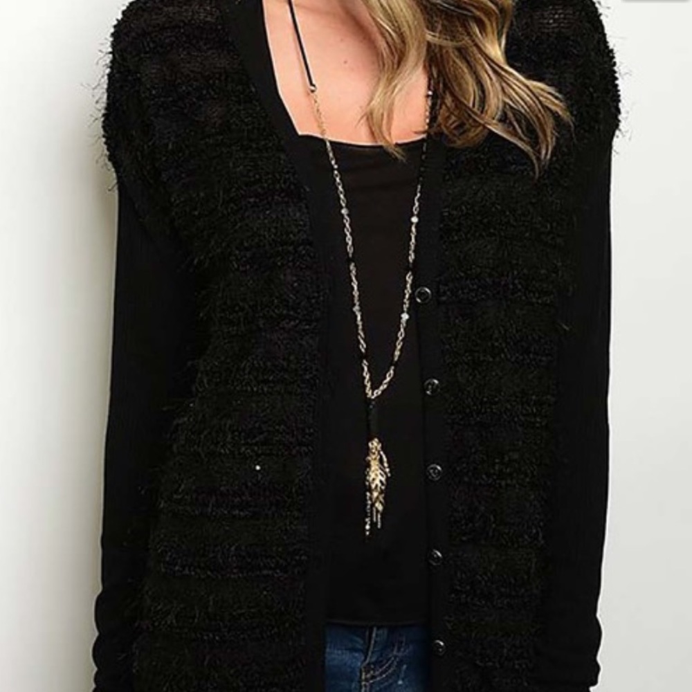 LAST 1 Black Fuzzy Cardigan Faux Druzy Buttons - Picture 3 of 4