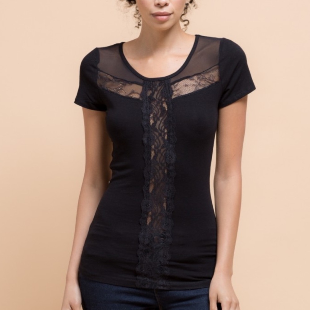 NWOT Black Sheer Lace Mesh Cutout Fitted Tee Shirt - Picture 3 of 9