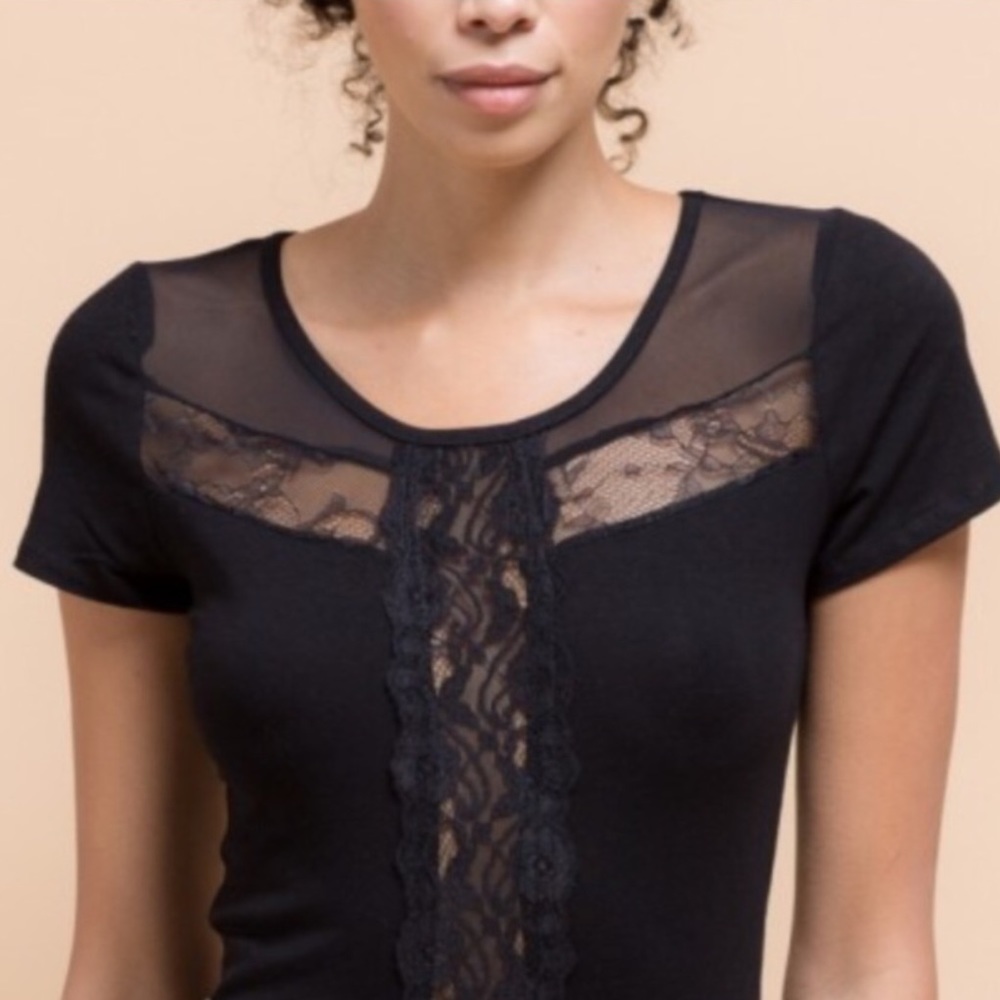NWOT Black Sheer Lace Mesh Cutout Fitted Tee Shirt - Picture 8 of 9