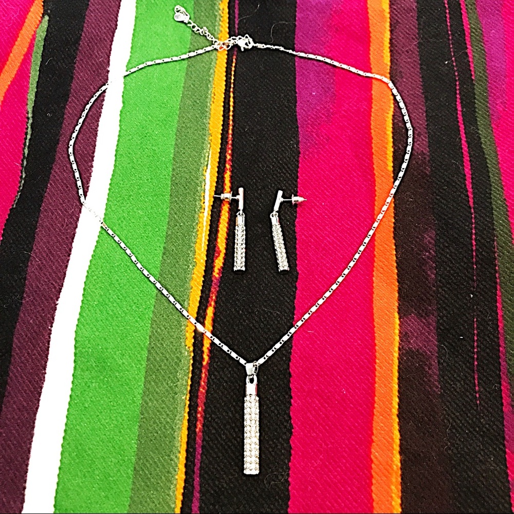 Drop Silver Crystal Bar Necklace and Earrings Set