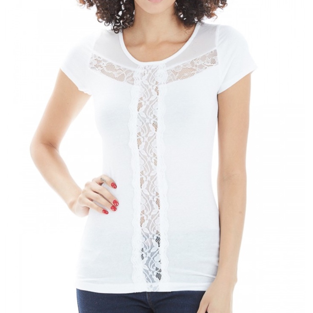 NWOT White Sheer Lace Mesh Cutout Fitted Tee Shirt