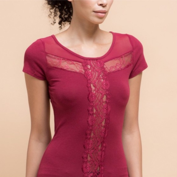 NWOT Burgundy Sheer Lace Mesh Cutout Fitted Tee - Picture 2 of 13