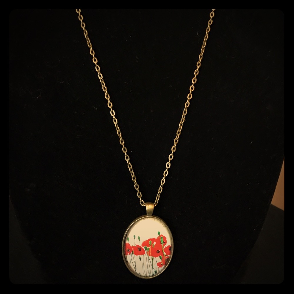 Handmade Orange Poppy flower pendant necklace