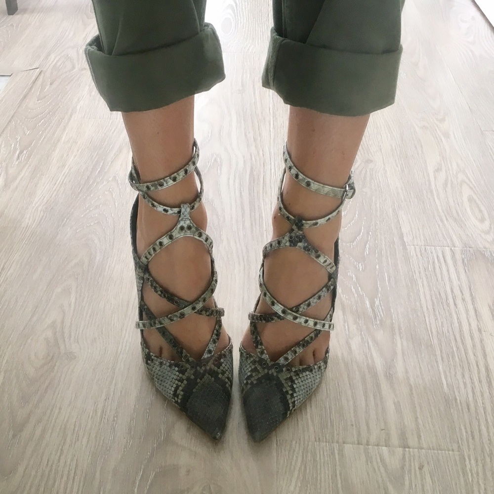 Only worn once! faux snake strappy heels!
