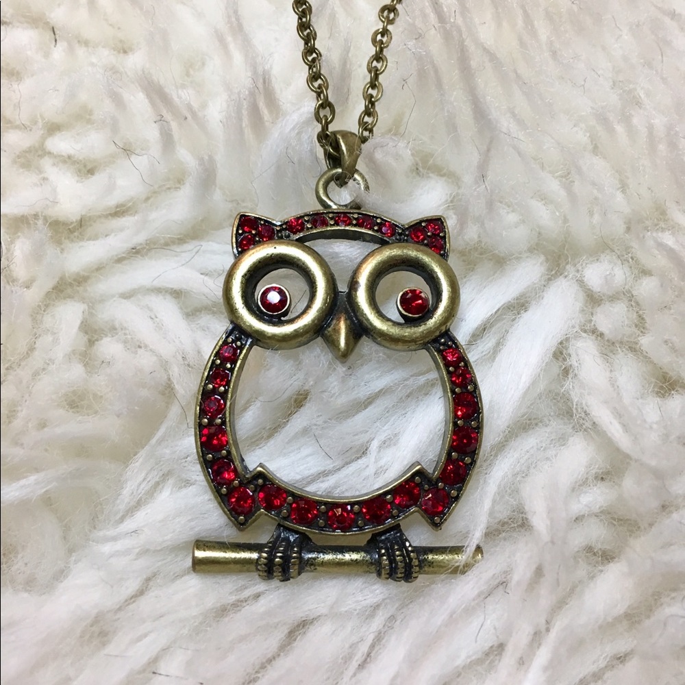 Antique Brass tone owl necklace with rhinestones