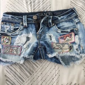 Grace in LA Distressed Patched Shorts
