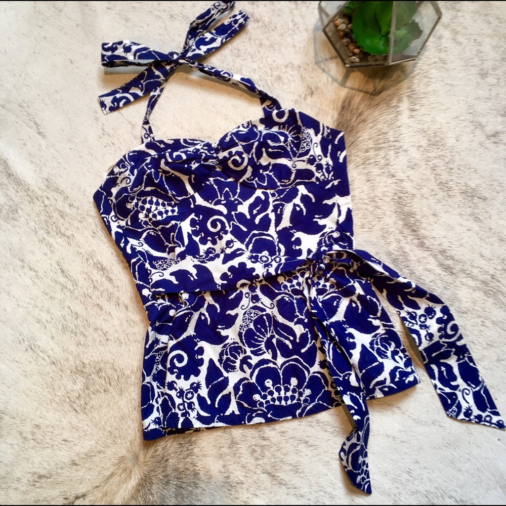 Trina Turk Blue White Floral Print Halter Top Sz 0