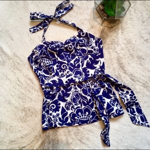 Trina Turk Blue White Floral Print Halter Top Sz 0