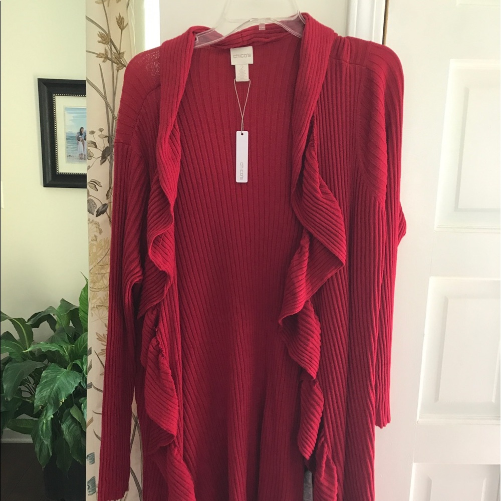 NWT Women's Chico 2 Red Ruffled Sweater Jacket