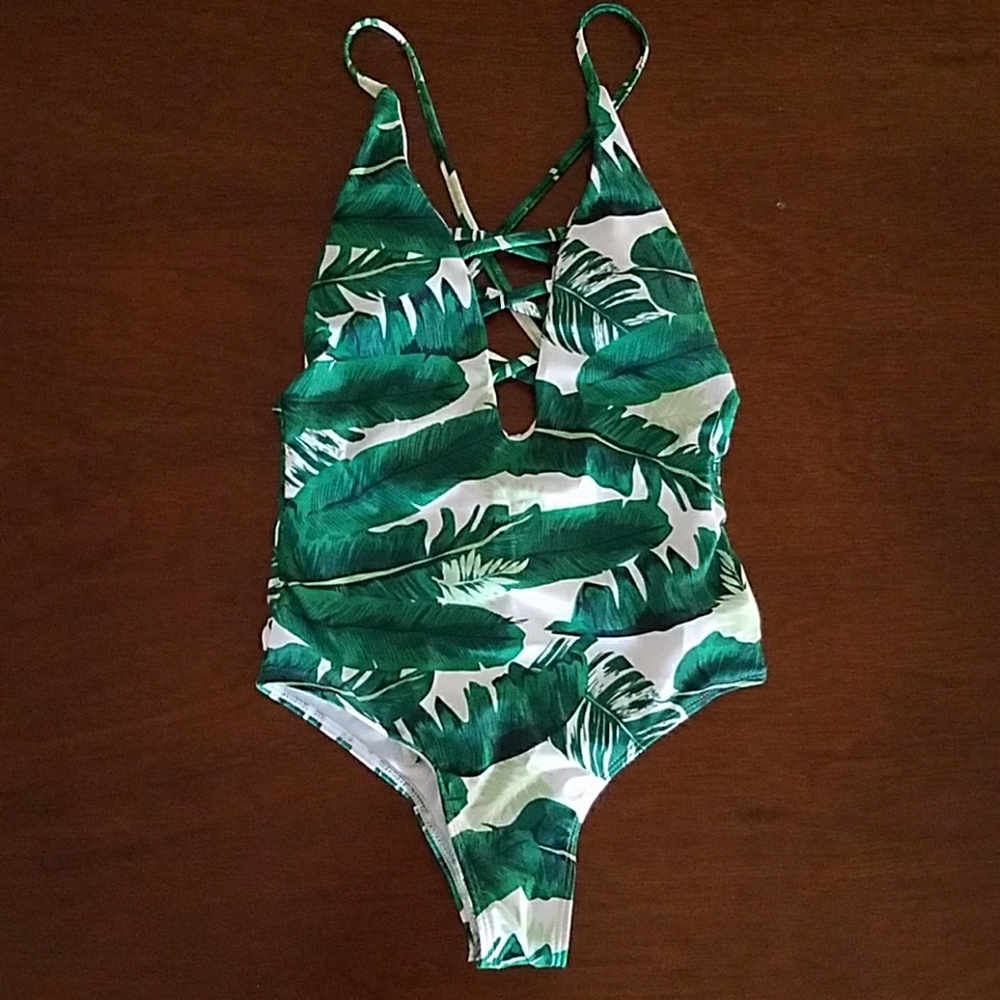 Zaful Palm Print One Piece Bathing Suit