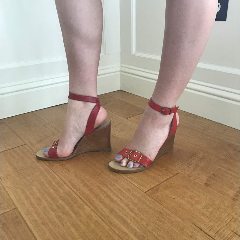 Coach, red leather wedged heel.