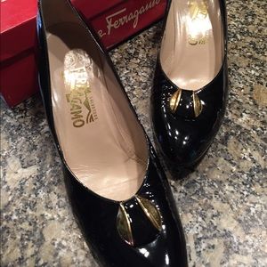 Salvatore Ferragamo Fiorina black patent  heels