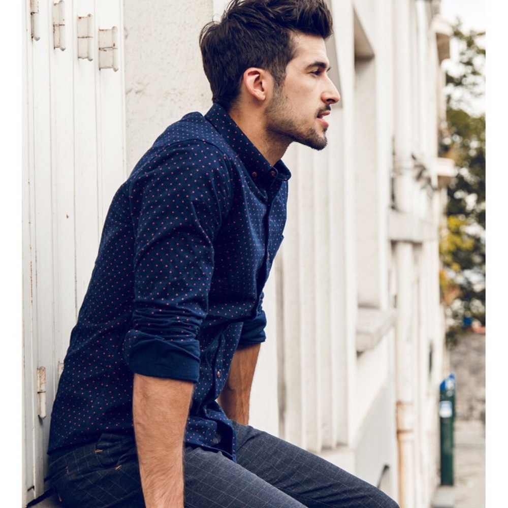 ▪NEW - Cotton Flannel Polka Dot Shirt in Navy