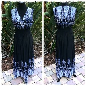 Black and White Shirred Maxi Dress