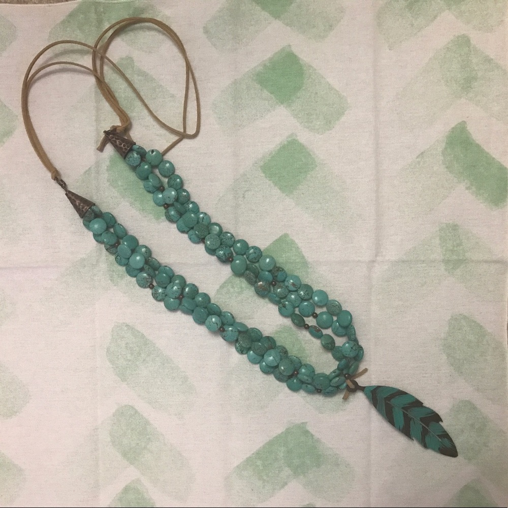 Turquoise feather necklace. Boutique boho style. - Picture 1 of 4