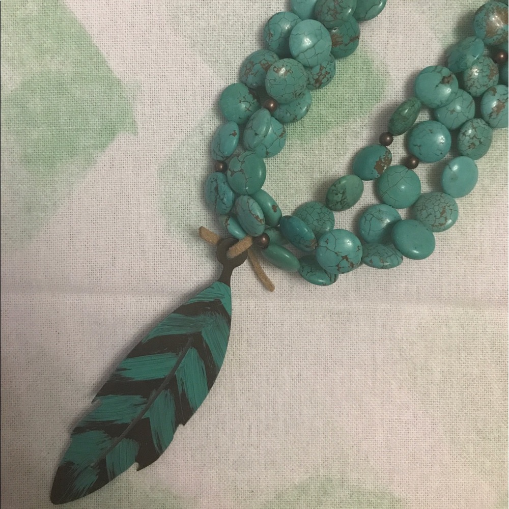 Turquoise feather necklace. Boutique boho style. - Picture 2 of 4
