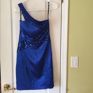 Blue satin and sequin cocktail dress