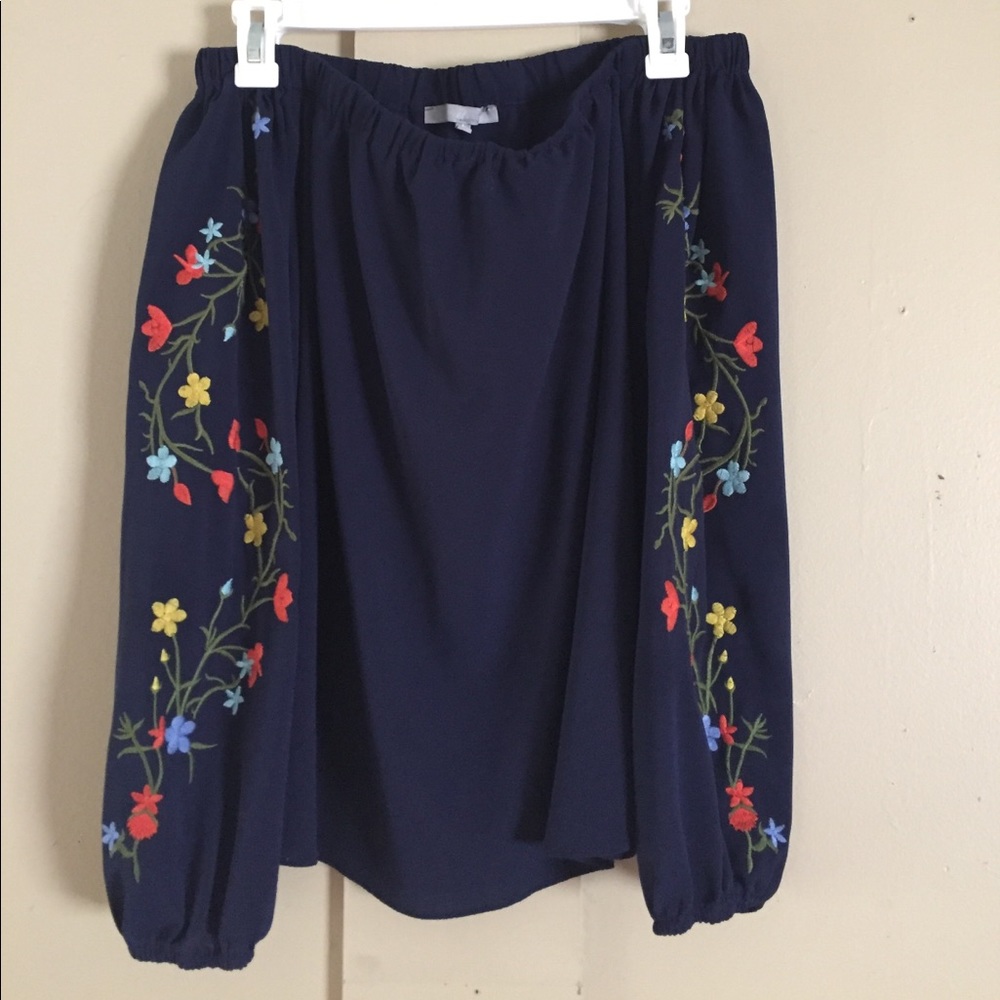 Navy off the shoulder with embroidered flowers
