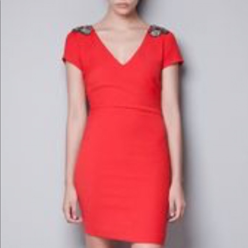 Zara NWT Red Dress w/Embellished Sleeves in size S