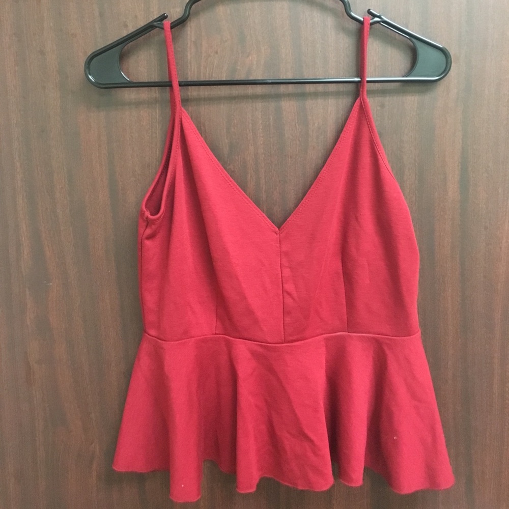 Red open back deep v tank peplum top