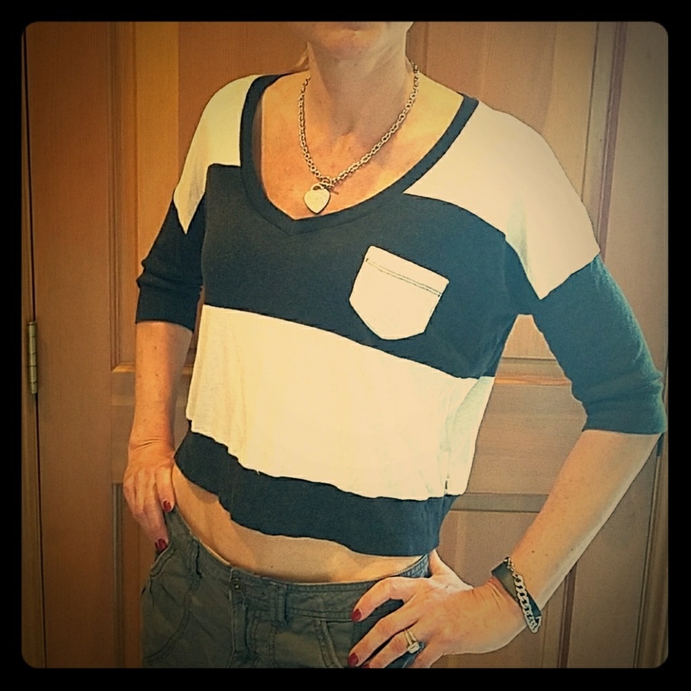 TNA Navy and winter white crop top