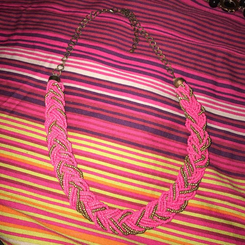 Pink and gold bead braided necklace