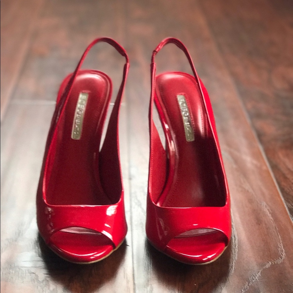 BCBG red open-toe heels