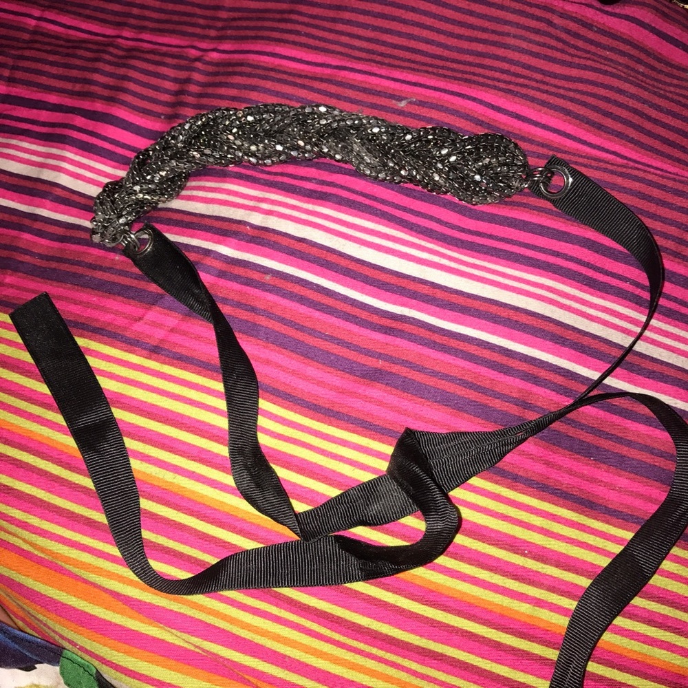 Gunmetal braided necklace on ribbon