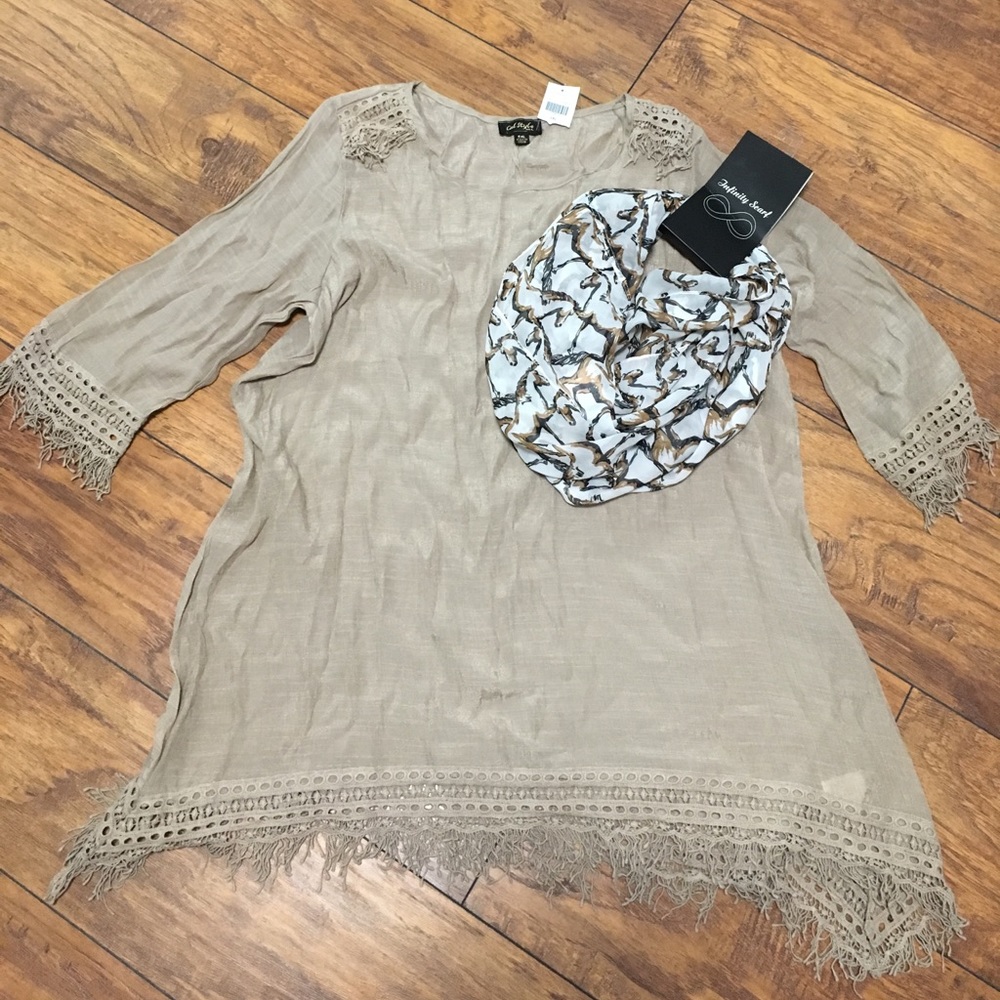 Women's Khaki Fringe Blouse & Scarf