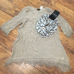 Women's Khaki Fringe Blouse & Scarf