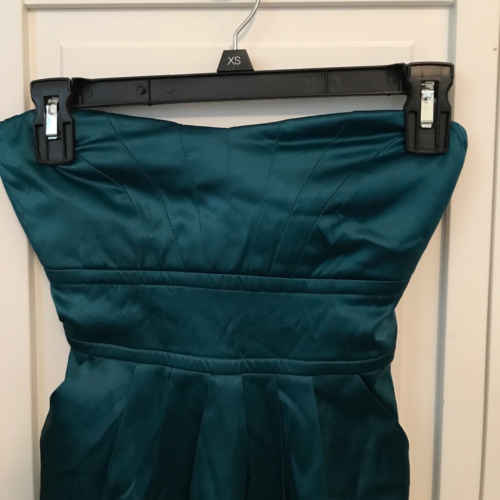 Teal silk strapless dress