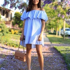 Blue striped off shoulder dress