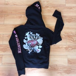 PINK hoodie with UW Madison Bucky Badger logo