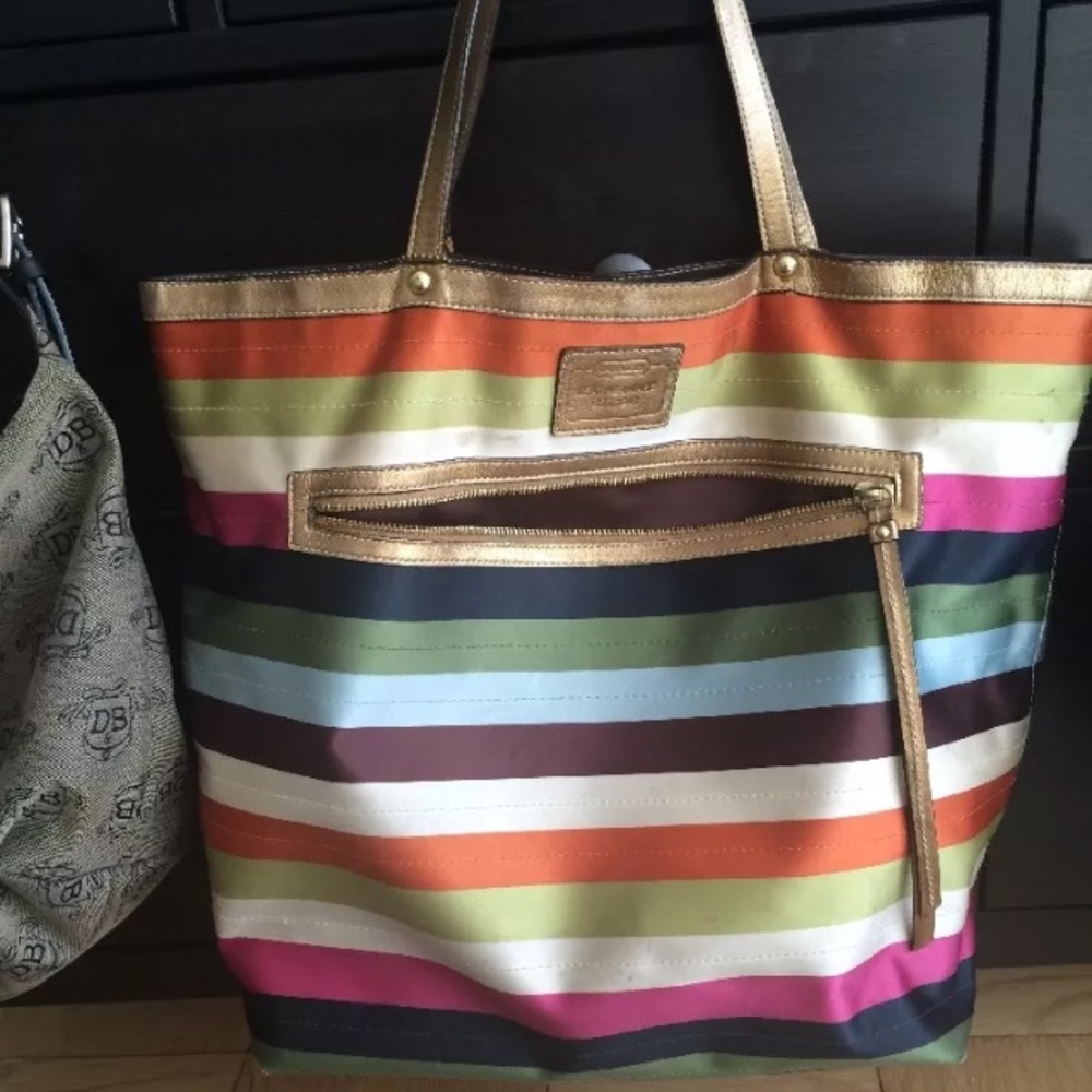 Coach legacy stripe XL tote sateen rainbow